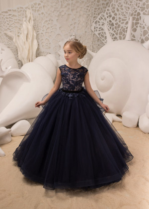 Beaded Navy Blue And Blush Lace Tulle V Back Flower Girl Dress
